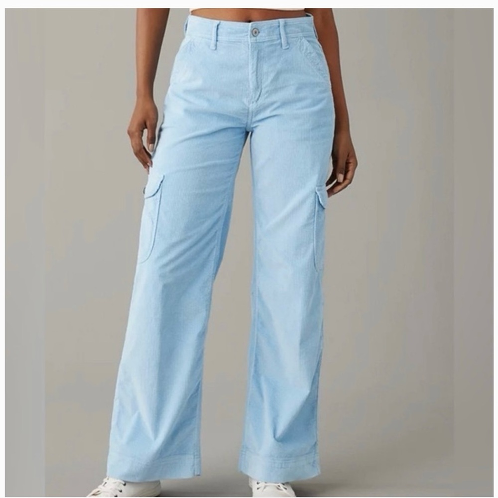 AE Dreamy Drape Light Blue Corduroy super high rise baggy wide leg Pants sz 000